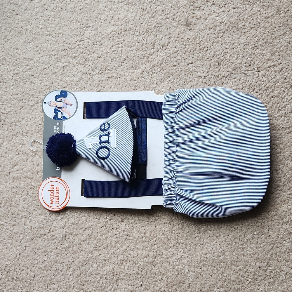 Baby boy first birthday cake smash outfit, bow tie, suspenders, bloomers & hat